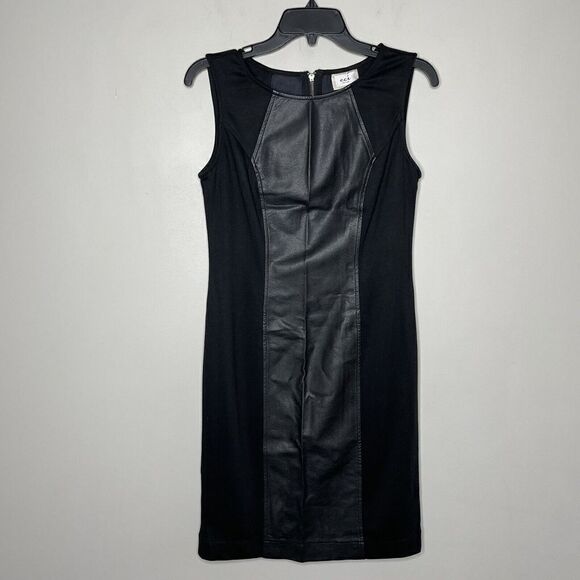 ECI Dress Womens 6 Black Vegan Leather Mini NEW Stretch Knit Sleeveless - Picture 1 of 8